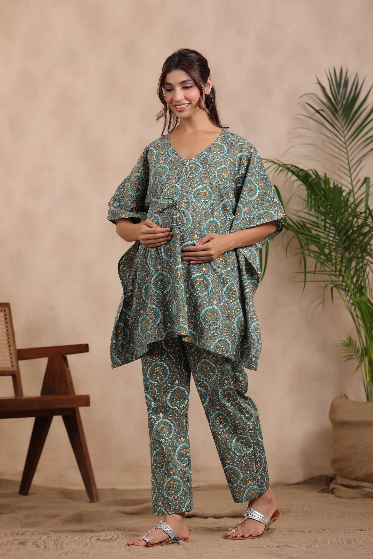 Lush Green Maternity & Nursing Kaftan Set