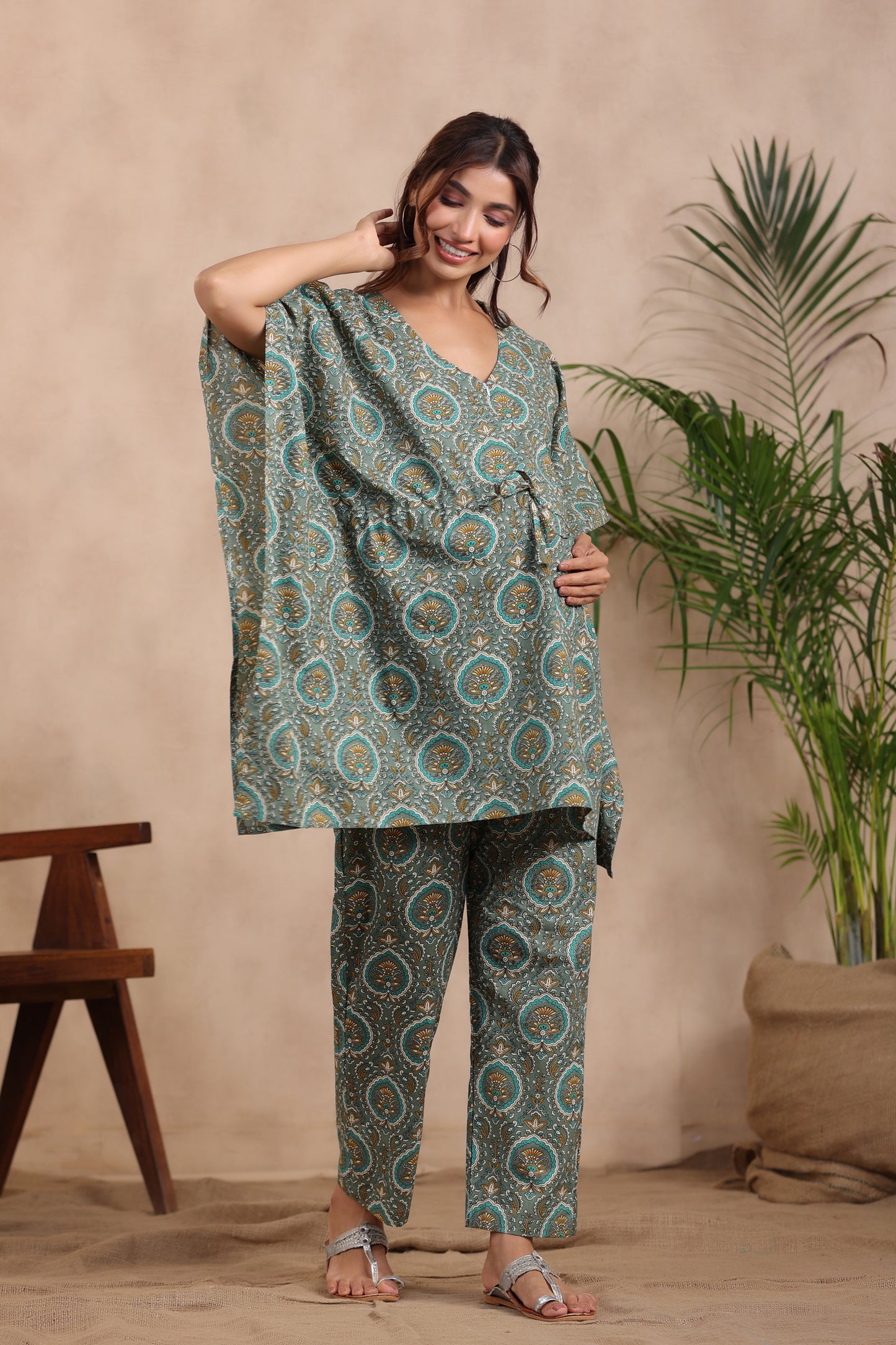 Lush Green Maternity & Nursing Kaftan Set