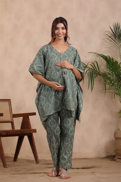 Lush Green Maternity & Nursing Kaftan Set