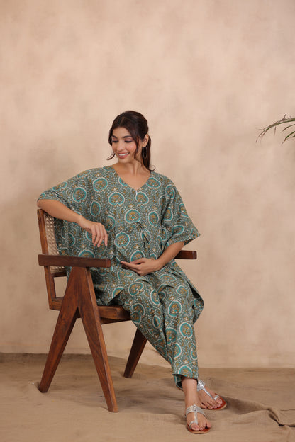 Lush Green Maternity & Nursing Kaftan Set