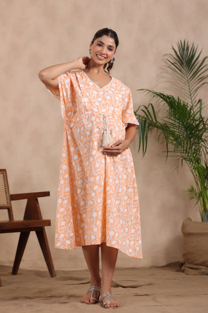 Peachy Floral Harmony Maternity & Nursing Kaftan Dress