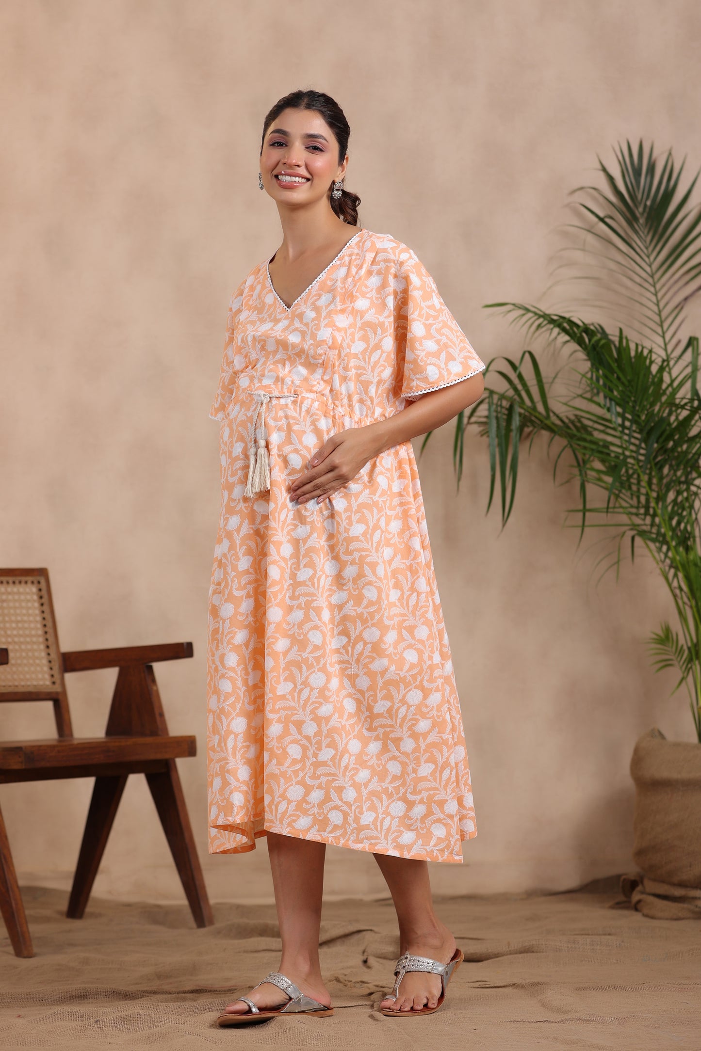 Peachy Floral Harmony Maternity & Nursing Kaftan Dress