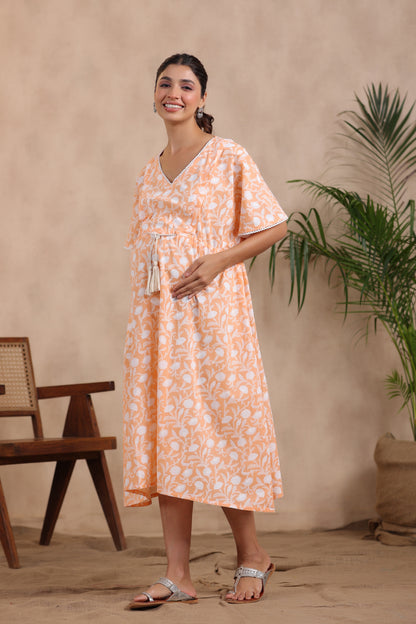 Peachy Floral Harmony Maternity & Nursing Kaftan Dress