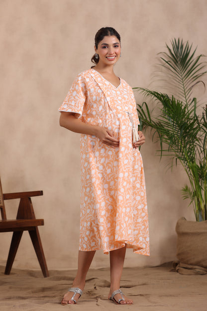 Peachy Floral Harmony Maternity & Nursing Kaftan Dress