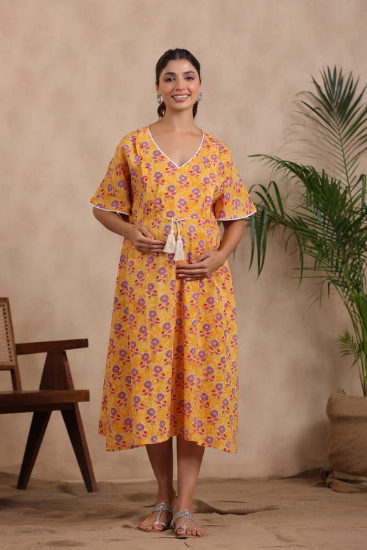 Vibrant Sunflower Maternity & Nursing Kaftan Dress