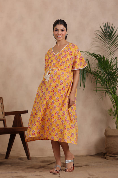 Vibrant Sunflower Maternity & Nursing Kaftan Dress