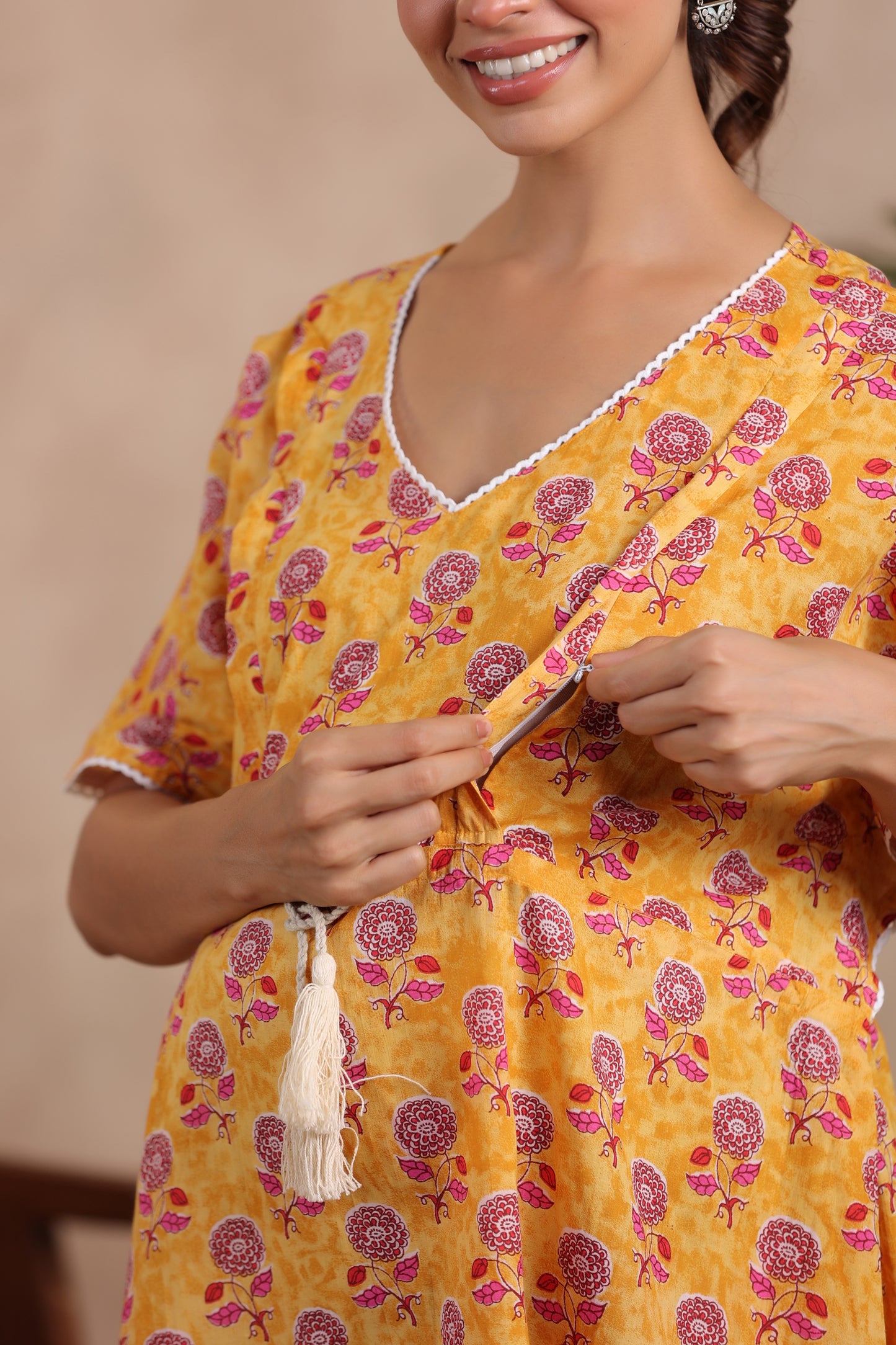 Vibrant Sunflower Maternity & Nursing Kaftan Dress