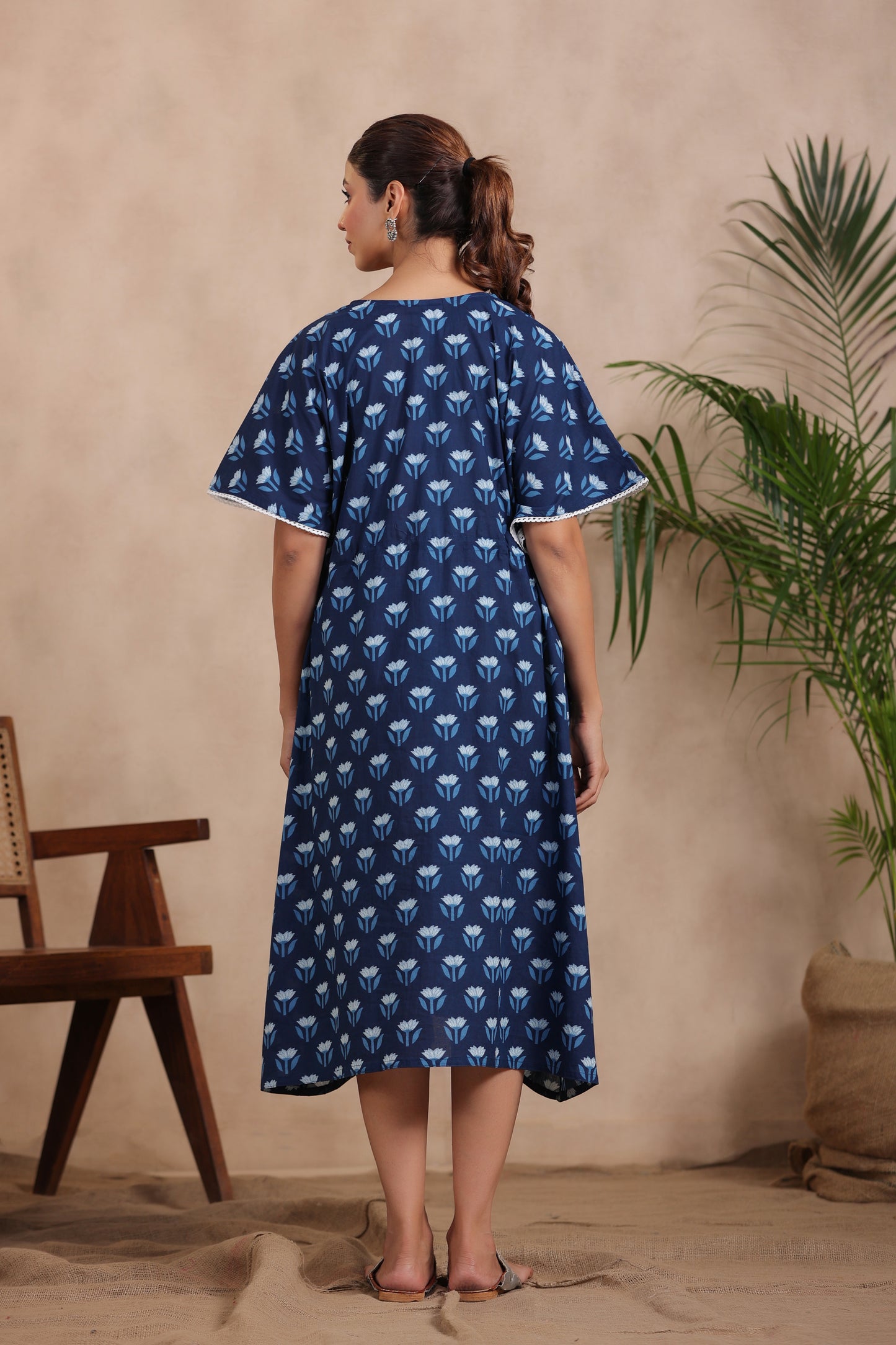 Dainty Florals On Indigo Maternity & Nursing Kaftan Dress