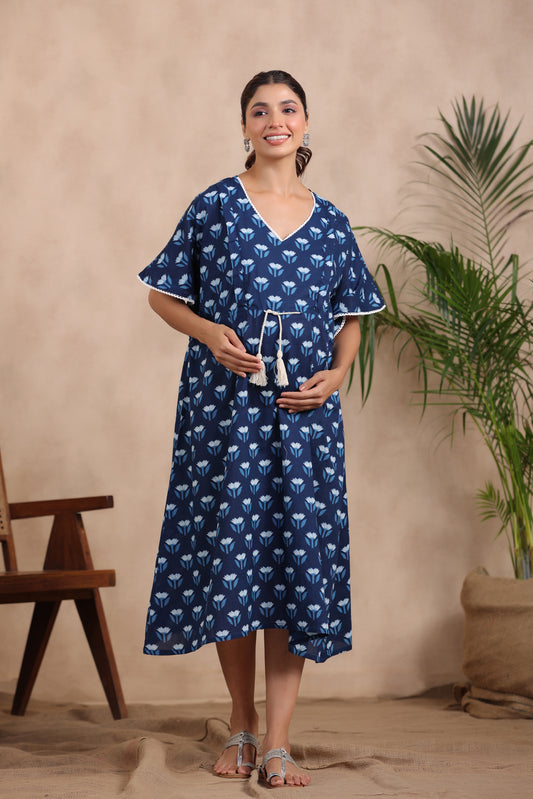 Dainty Florals On Indigo Maternity & Nursing Kaftan Dress