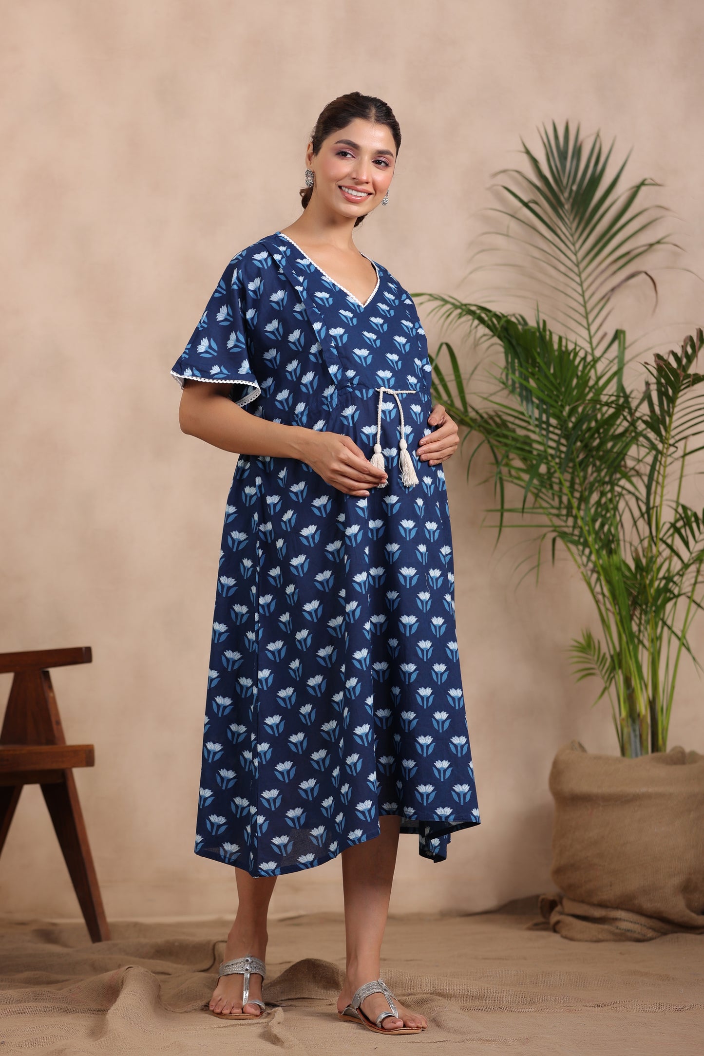 Dainty Florals On Indigo Maternity & Nursing Kaftan Dress
