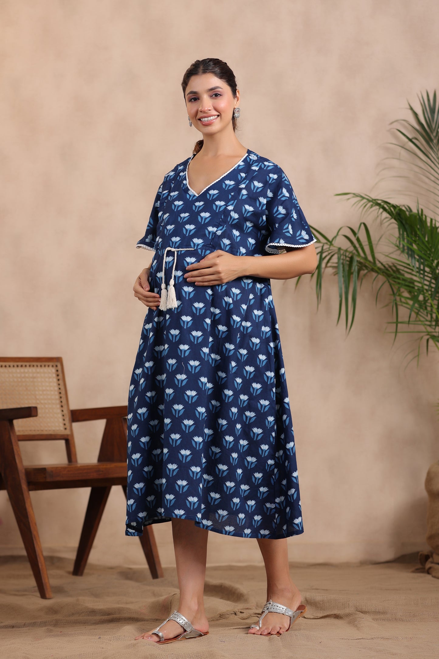 Dainty Florals On Indigo Maternity & Nursing Kaftan Dress