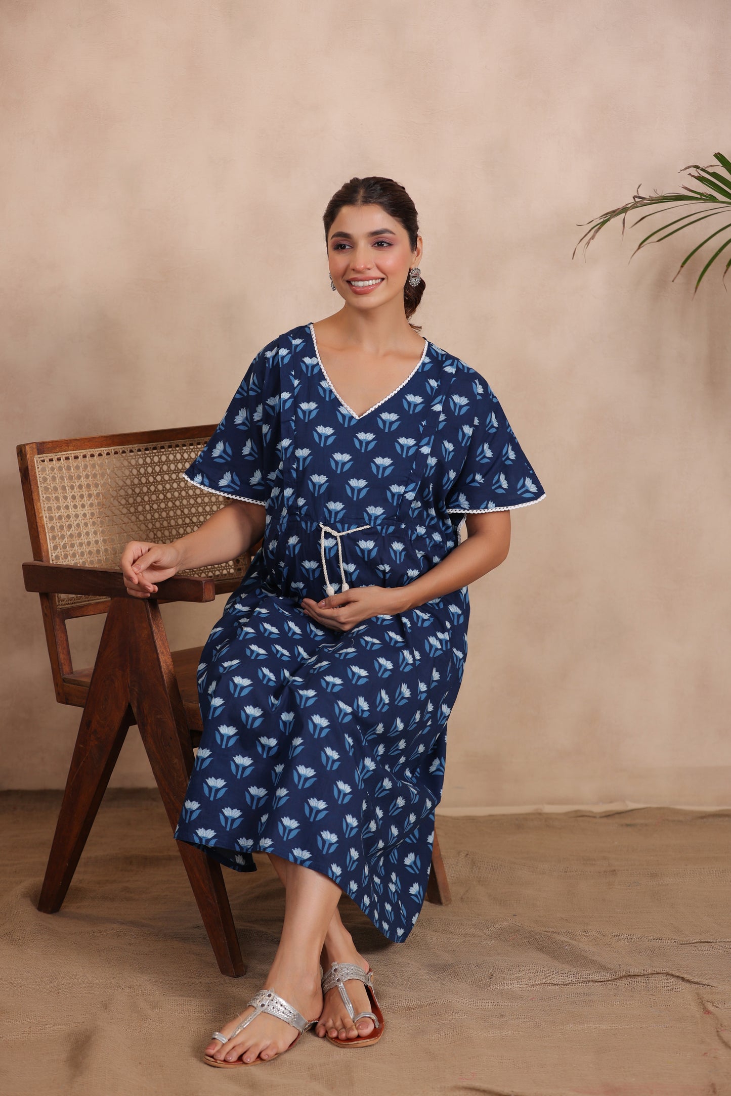 Dainty Florals On Indigo Maternity & Nursing Kaftan Dress
