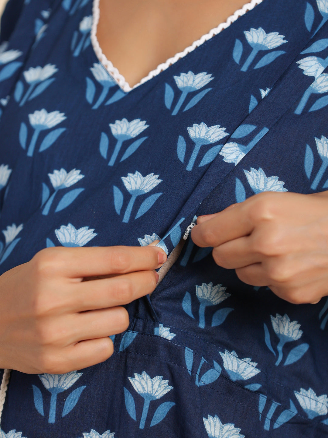 Dainty Florals On Indigo Maternity & Nursing Kaftan Kurta