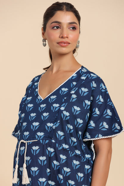 Dainty Florals On Indigo Maternity & Nursing Kaftan Kurta