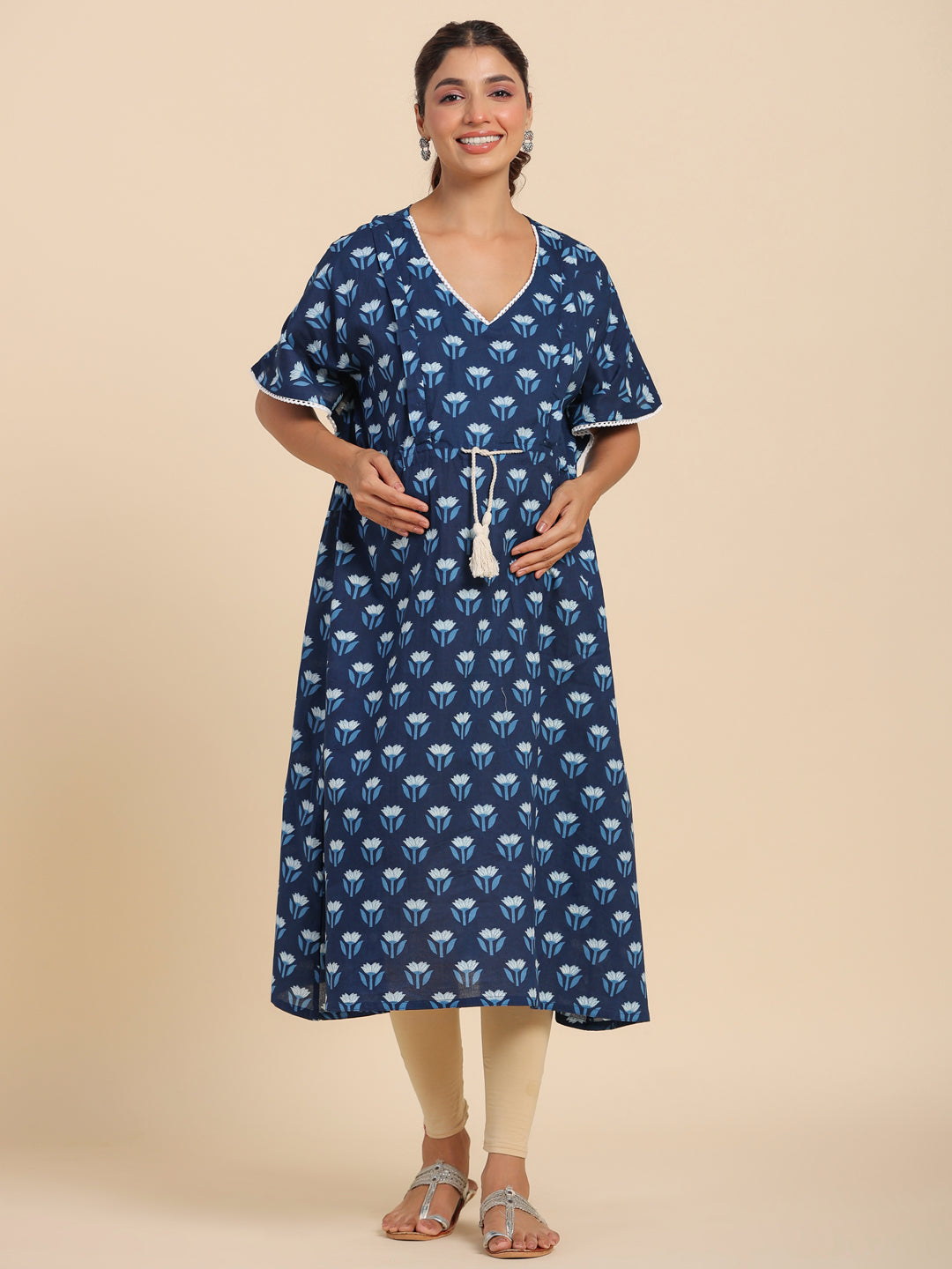 Dainty Florals On Indigo Maternity & Nursing Kaftan Kurta