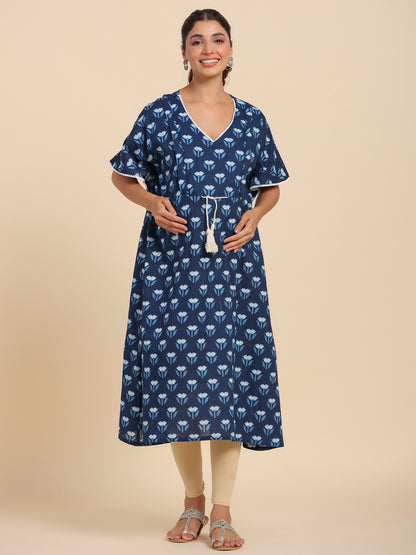 Dainty Florals On Indigo Maternity & Nursing Kaftan Kurta