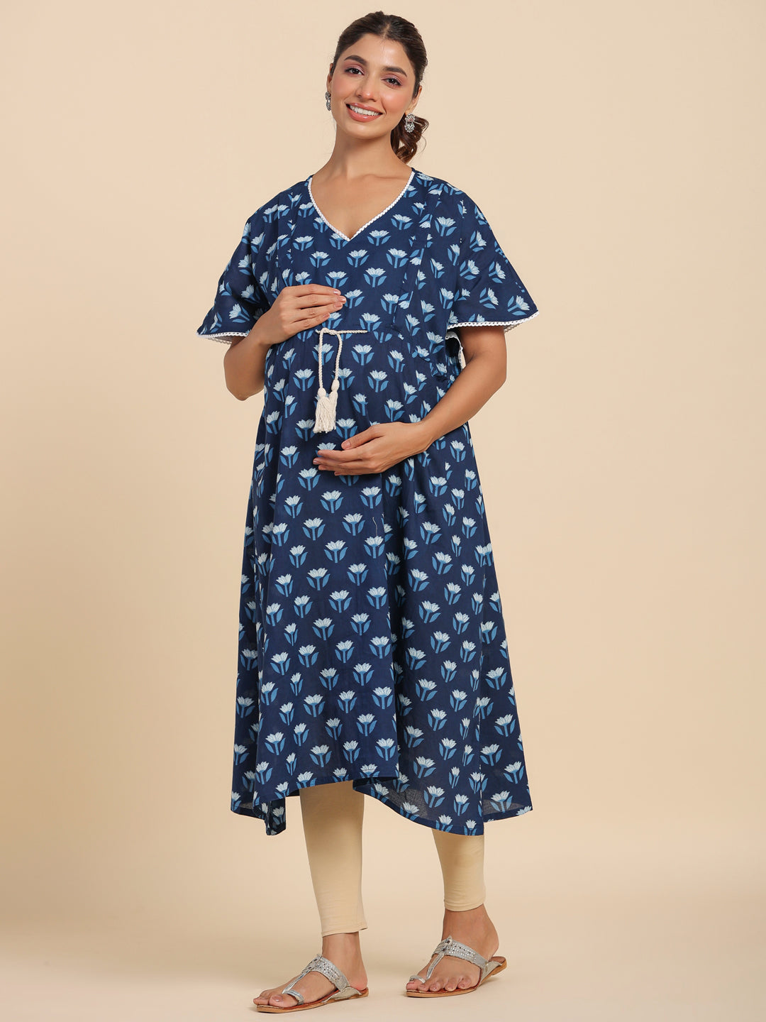 Dainty Florals On Indigo Maternity & Nursing Kaftan Kurta