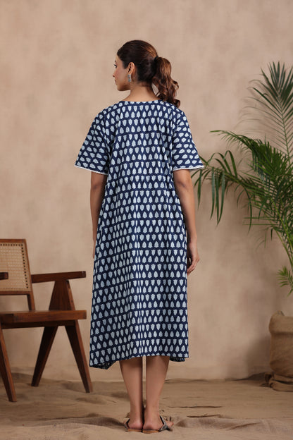 Indigo Batik Print Maternity & Nursing Kaftan Dress