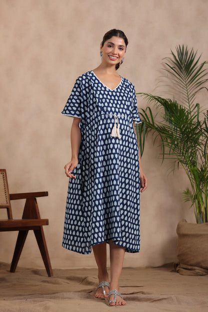 Indigo Batik Print Maternity & Nursing Kaftan Dress