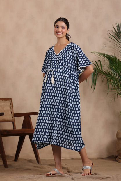 Indigo Batik Print Maternity & Nursing Kaftan Dress