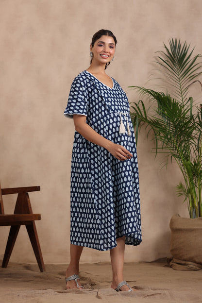 Indigo Batik Print Maternity & Nursing Kaftan Dress