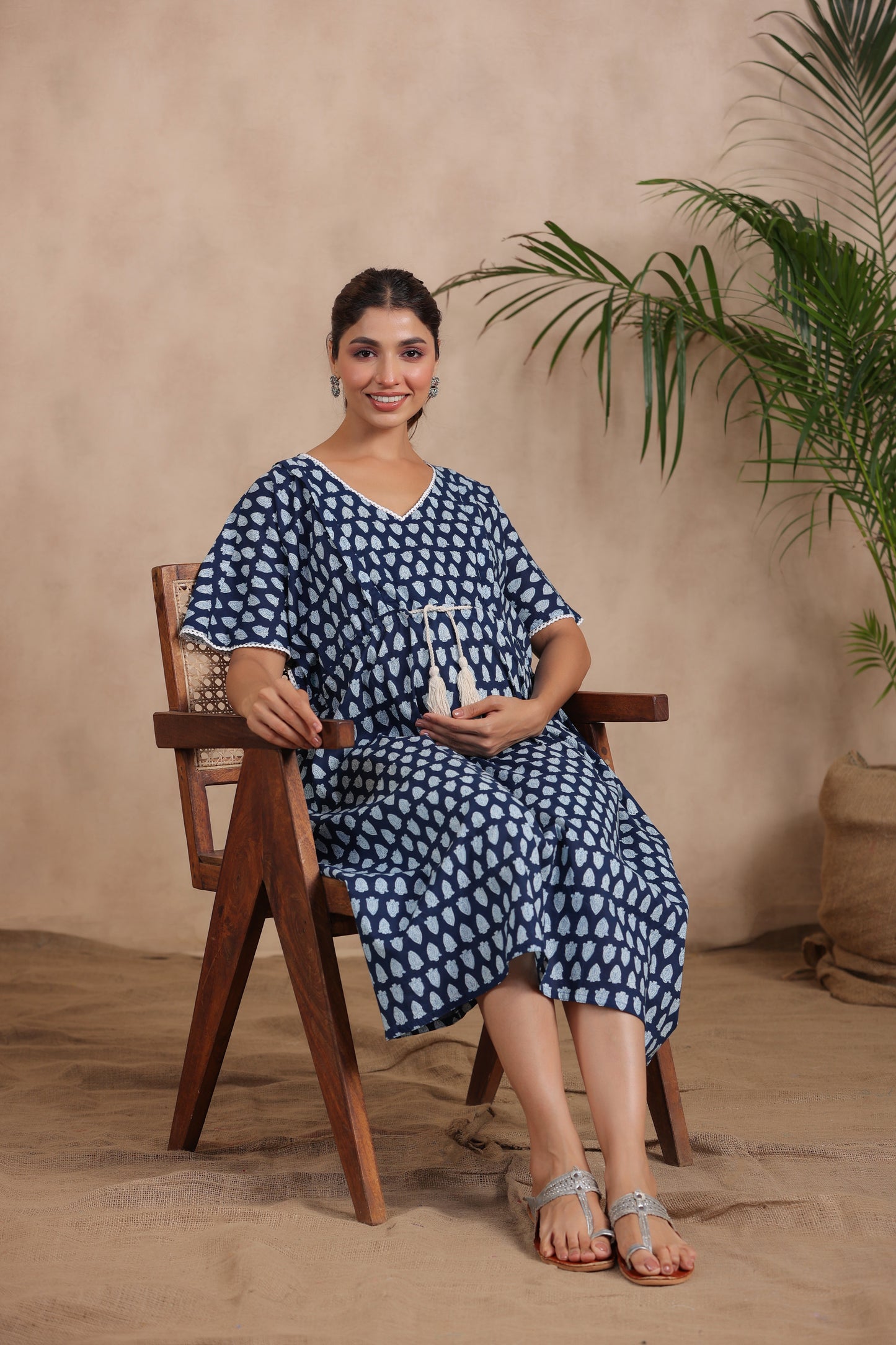 Indigo Batik Print Maternity & Nursing Kaftan Dress