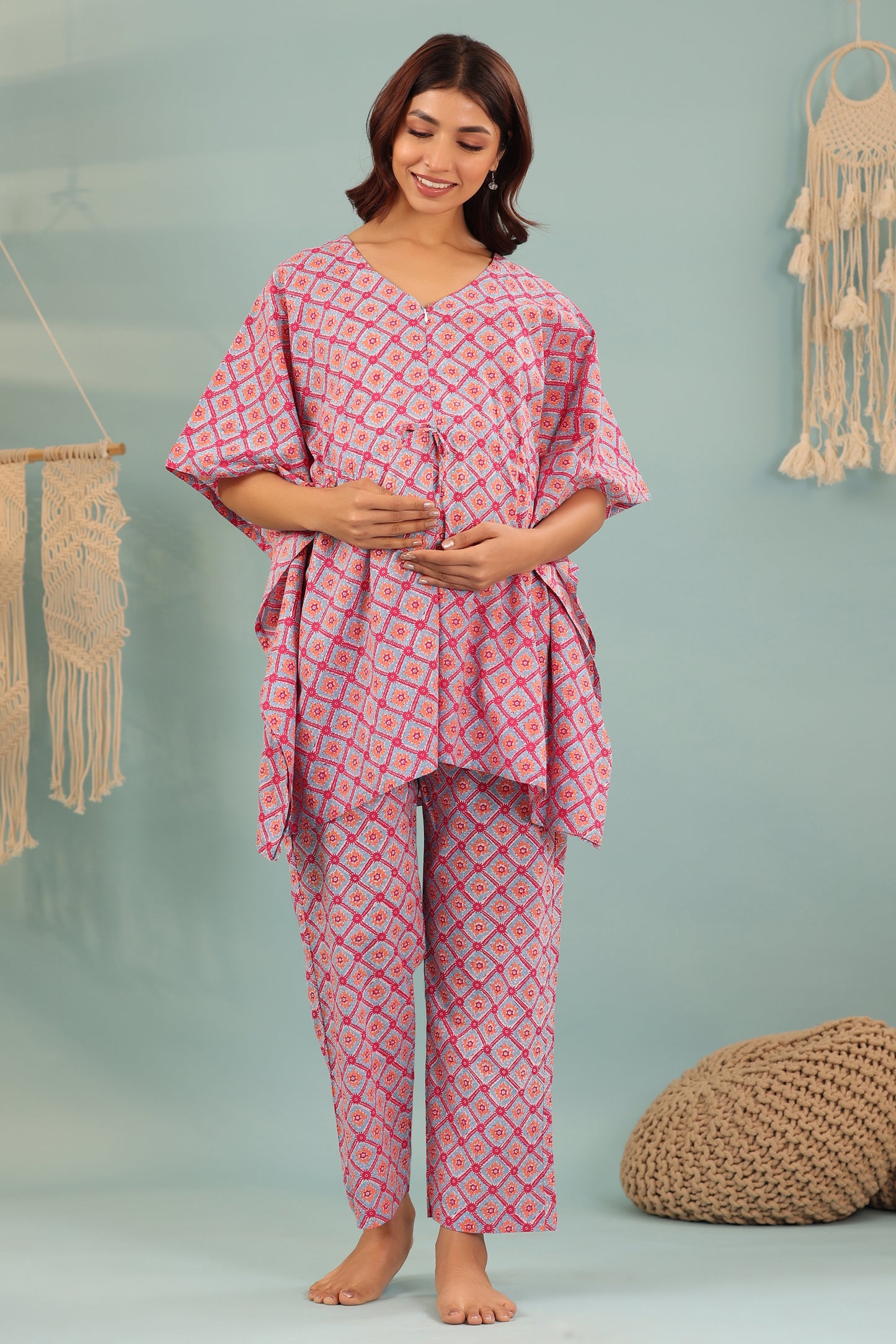 Geometric Shapes On Blue Maternity & Nursing Kaftan Set