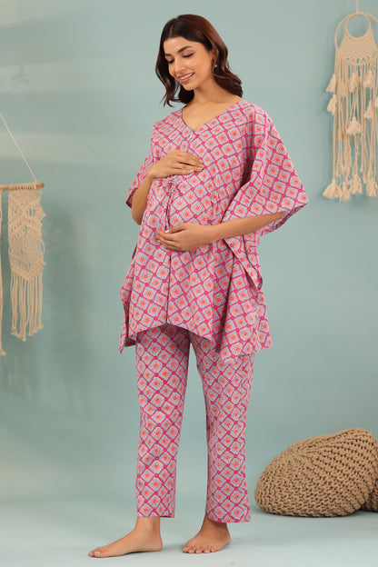 Geometric Shapes On Blue Maternity & Nursing Kaftan Set