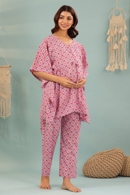 Geometric Shapes On Blue Maternity & Nursing Kaftan Set