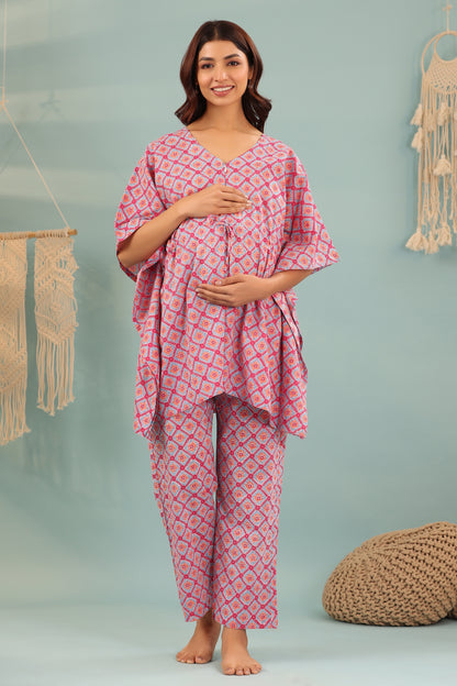 Geometric Shapes On Blue Maternity & Nursing Kaftan Set