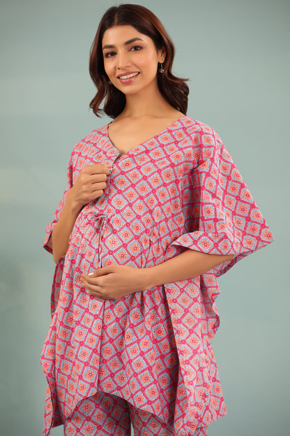 Geometric Shapes On Blue Maternity & Nursing Kaftan Set