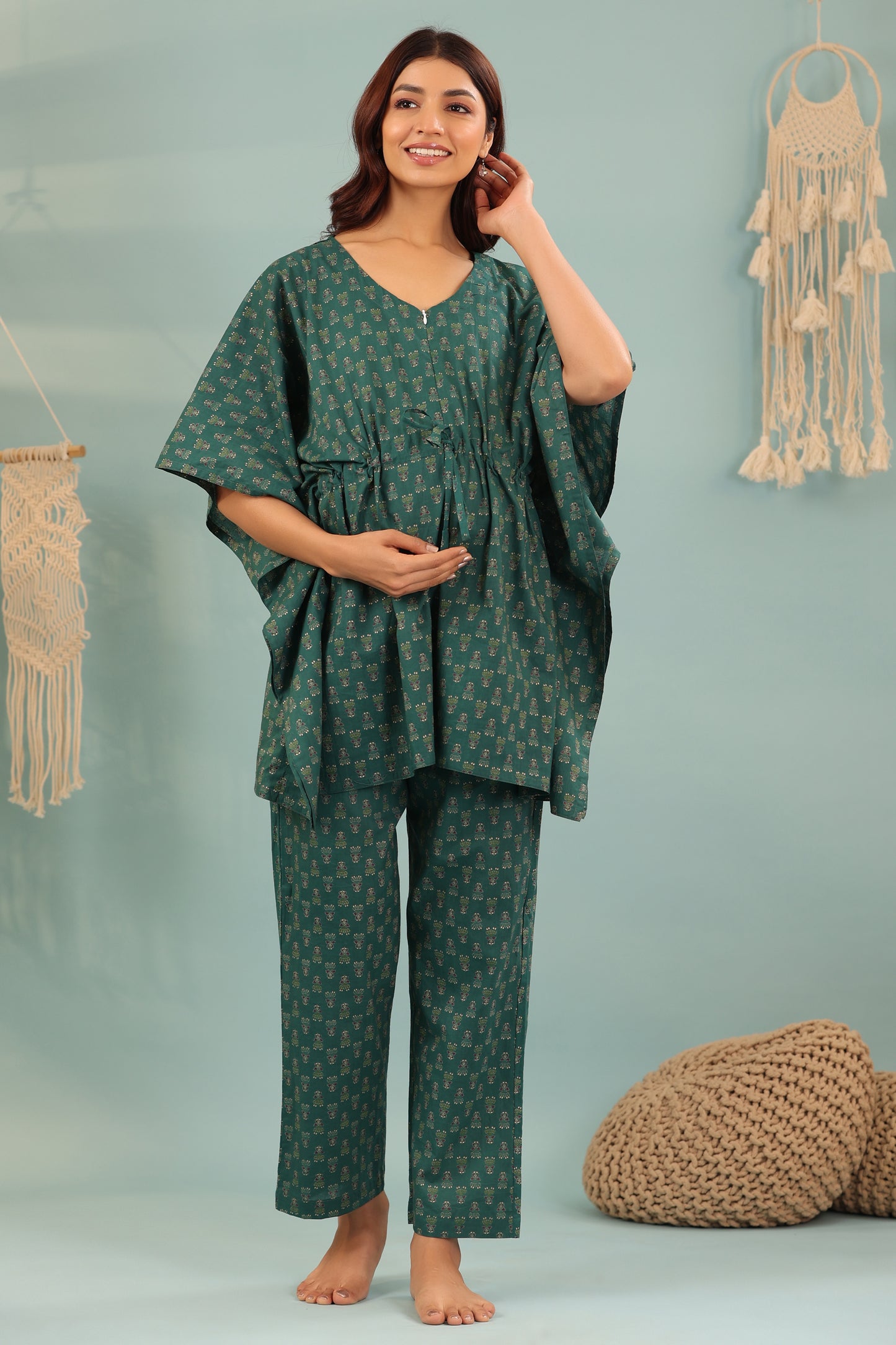 Ethnic Motifs On Green Maternity & Nursing Kaftan Set