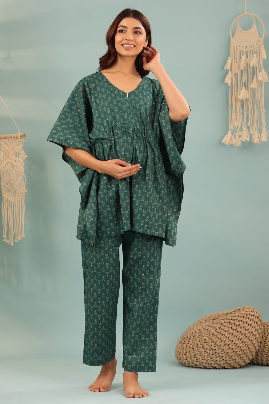 Ethnic Motifs On Green Maternity & Nursing Co-ord