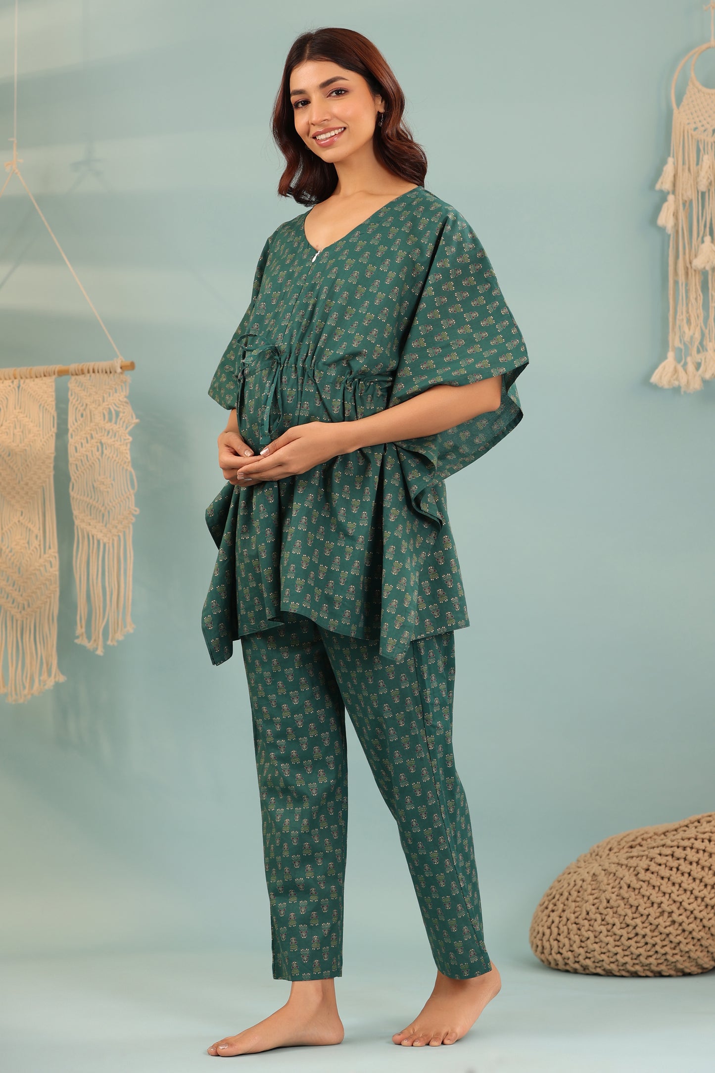 Ethnic Motifs On Green Maternity & Nursing Kaftan Set