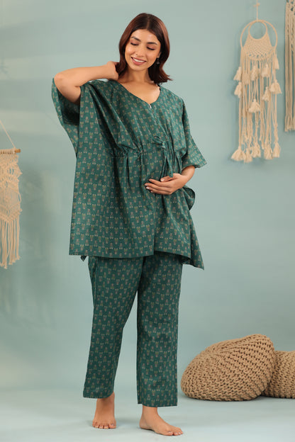 Ethnic Motifs On Green Maternity & Nursing Kaftan Set