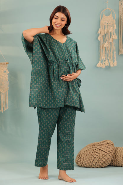 Ethnic Motifs On Green Maternity & Nursing Co-ord