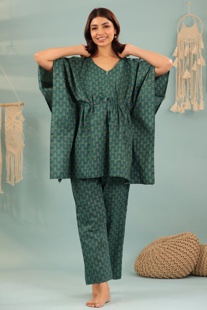 Ethnic Motifs On Green Maternity & Nursing Kaftan Set