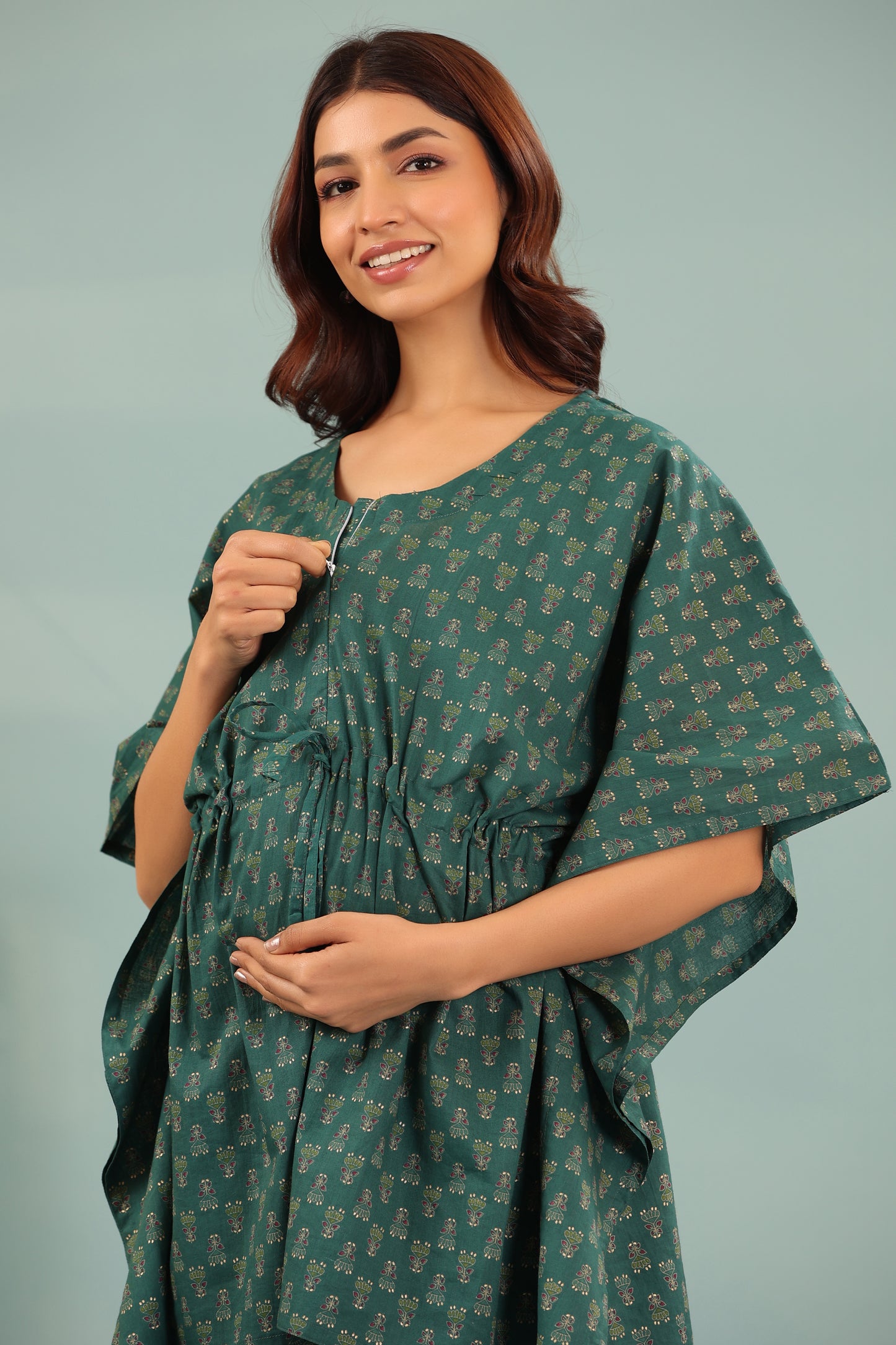 Ethnic Motifs On Green Maternity & Nursing Kaftan Set