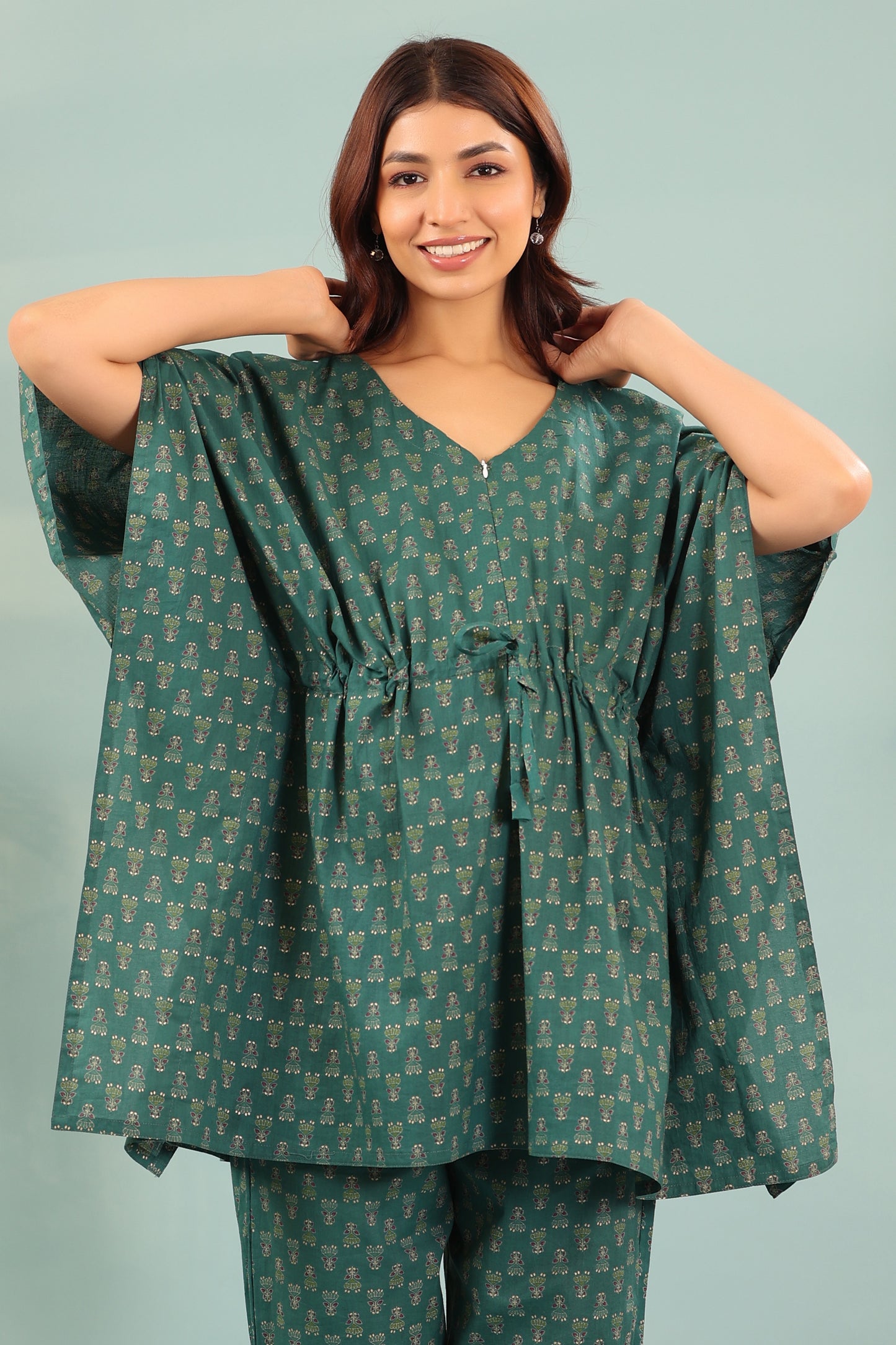 Ethnic Motifs On Green Maternity & Nursing Kaftan Set