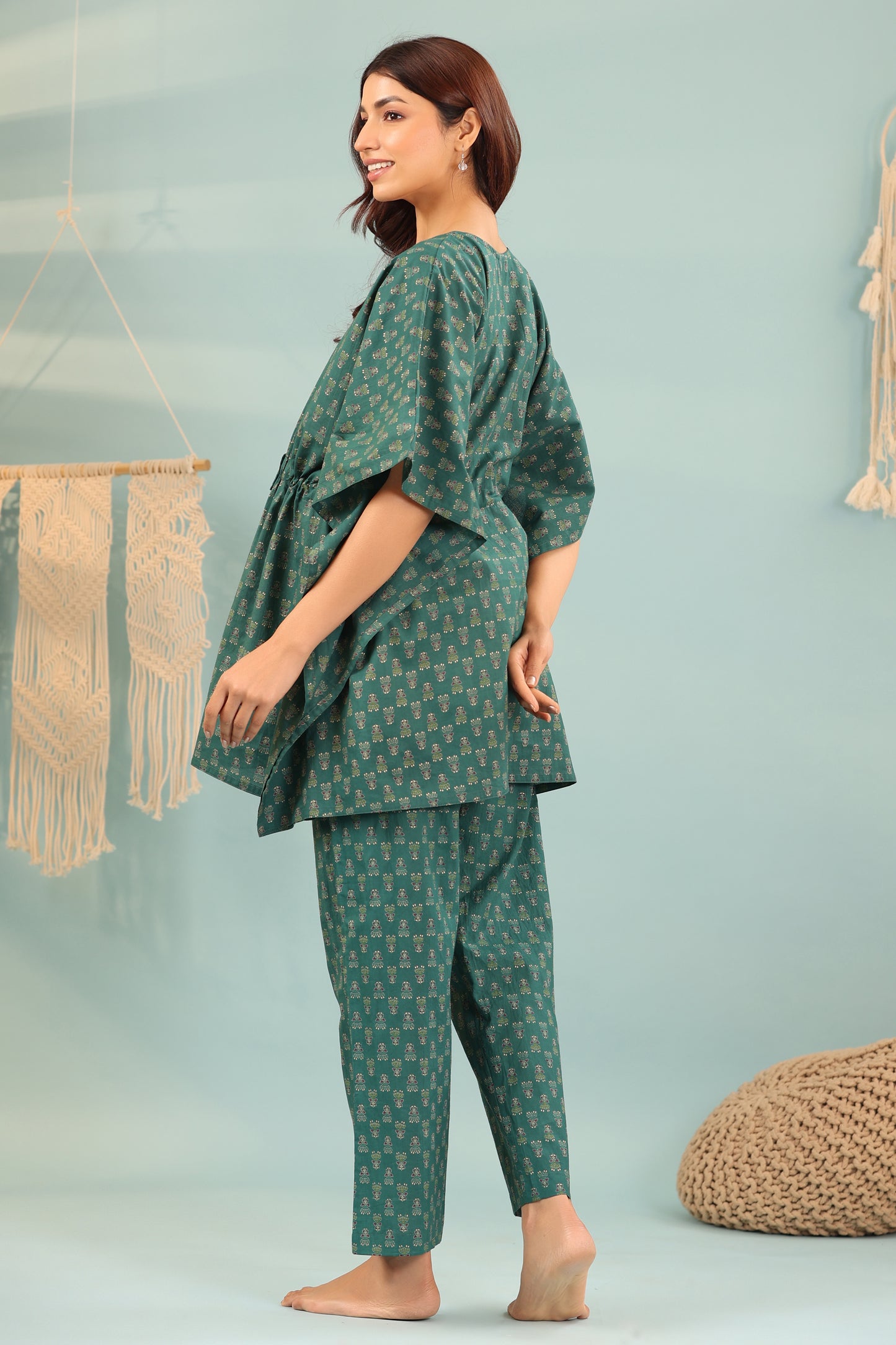 Ethnic Motifs On Green Maternity & Nursing Kaftan Set