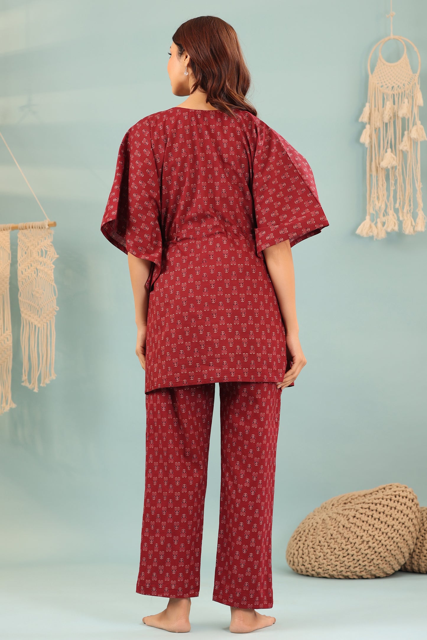 Ethnic Motifs On Maroon Maternity & Nursing Kaftan Set