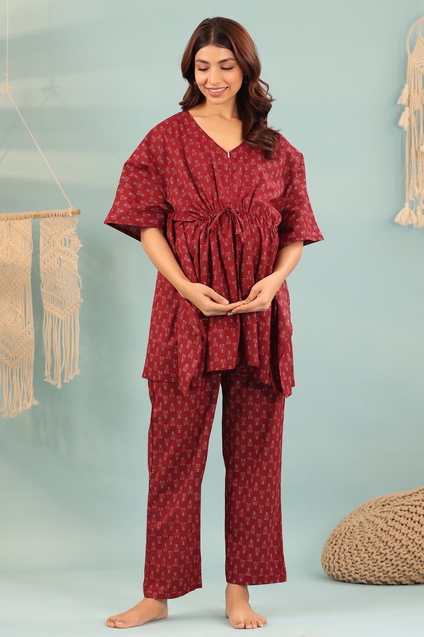 Ethnic Motifs On Maroon Maternity & Nursing Kaftan Set