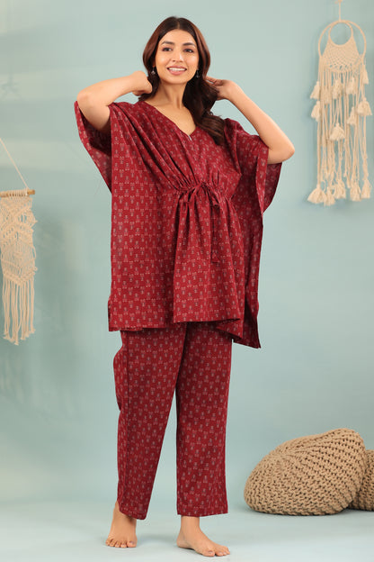 Ethnic Motifs On Maroon Maternity & Nursing Kaftan Set