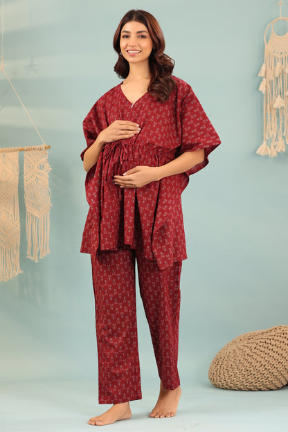 Ethnic Motifs On Maroon Maternity & Nursing Kaftan Set