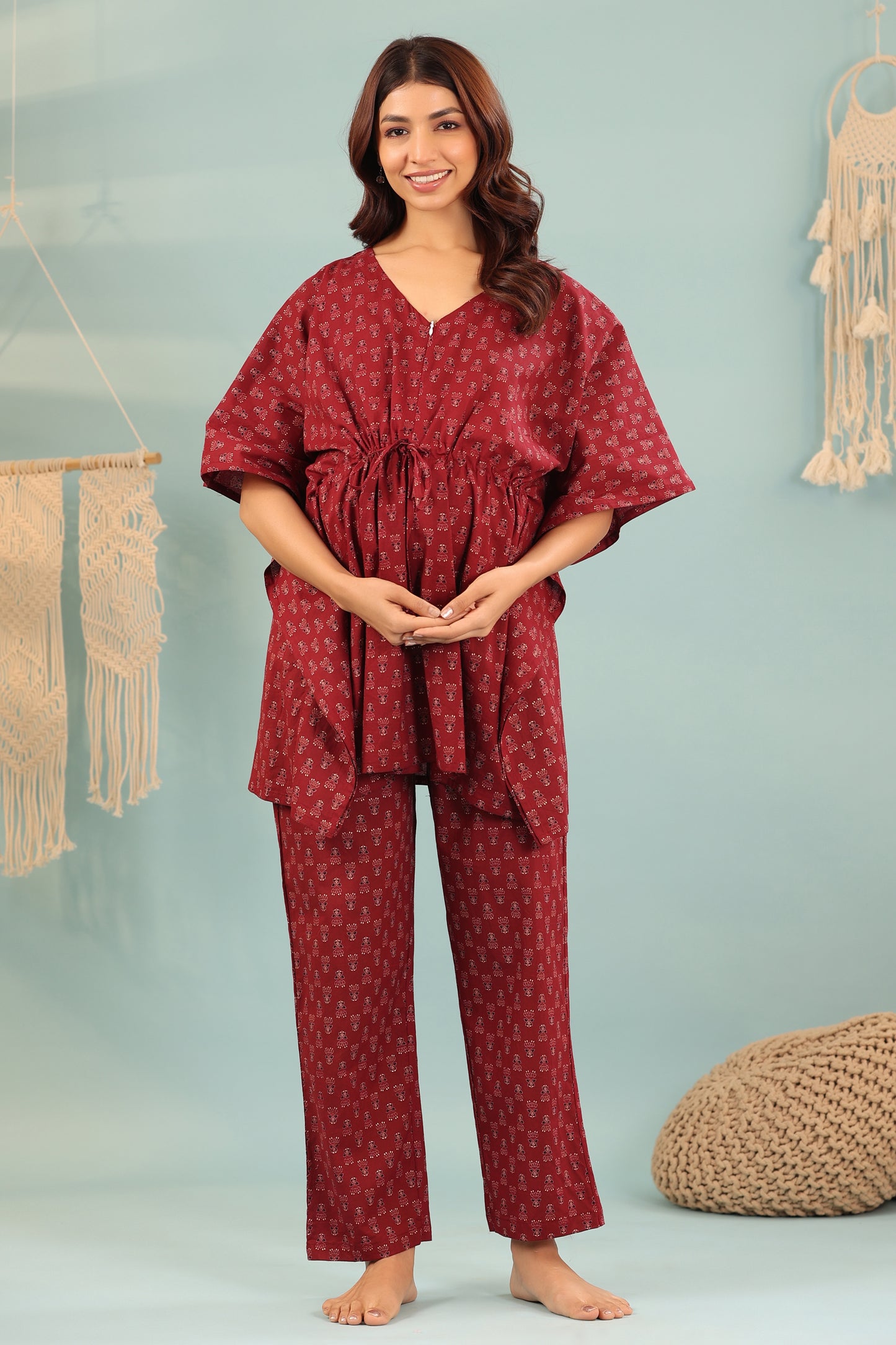 Ethnic Motifs On Maroon Maternity & Nursing Kaftan Set