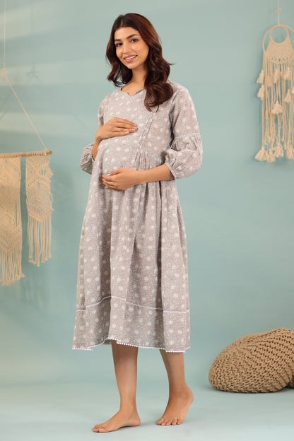 Dusk Bloom Grey Maternity & Nursing Dress