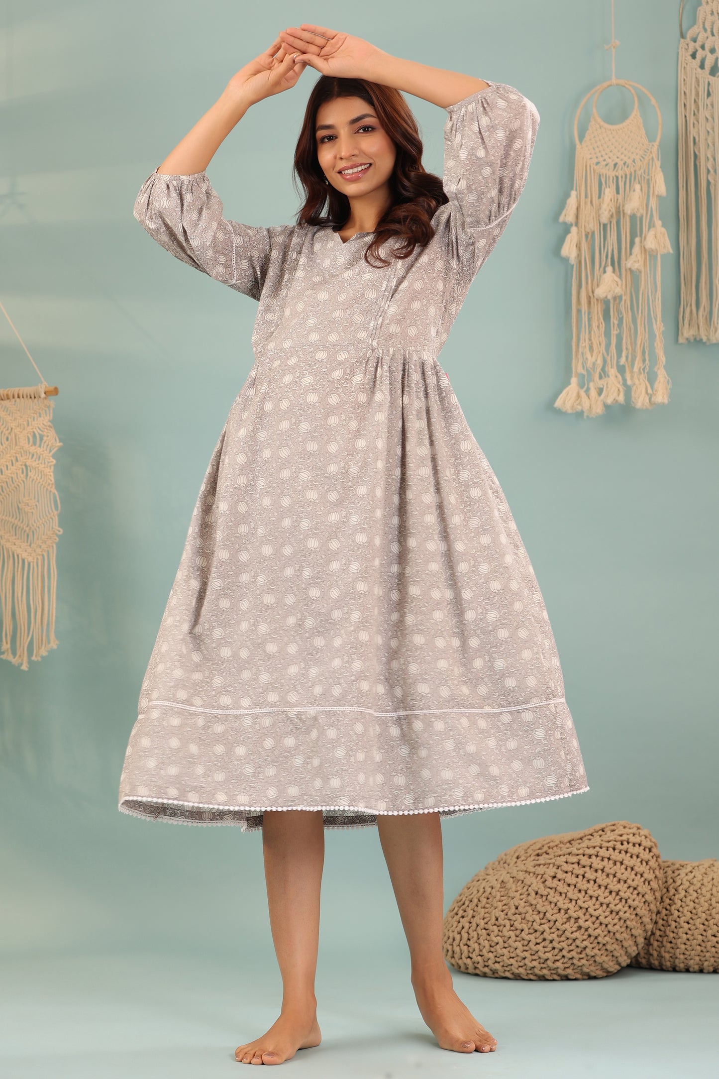 Dusk Bloom Grey Maternity & Nursing Dress