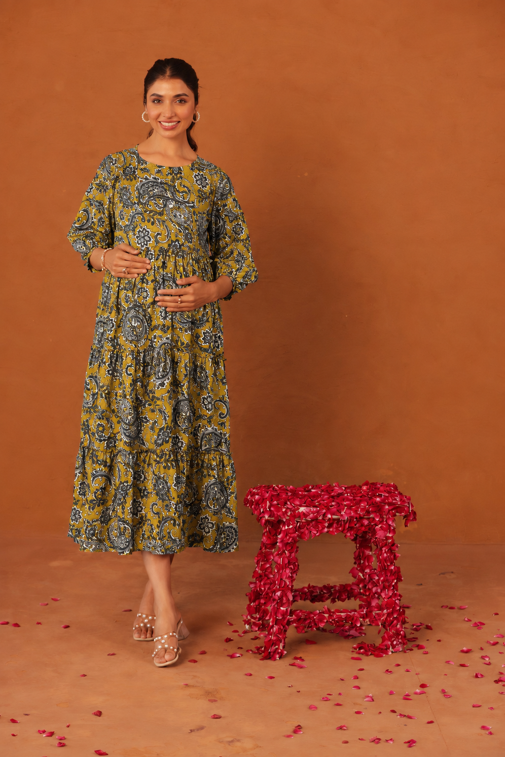 Mustard Baroque Bloom Maternity & Nursing Tier Dress