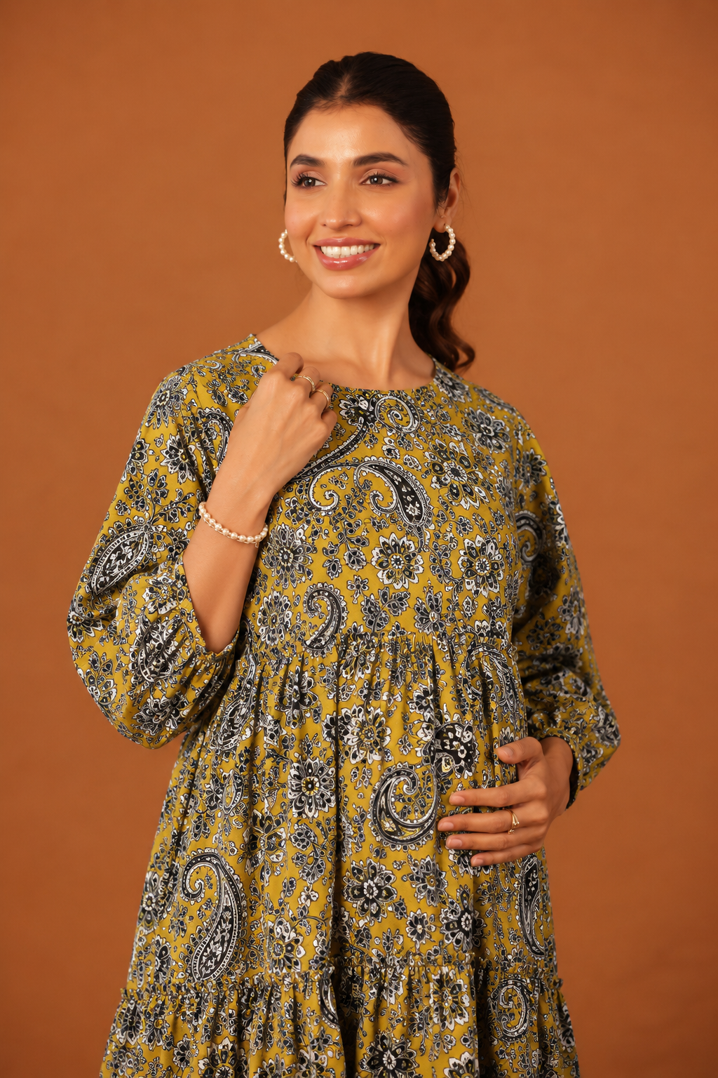 Mustard Baroque Bloom Maternity & Nursing Tier Dress
