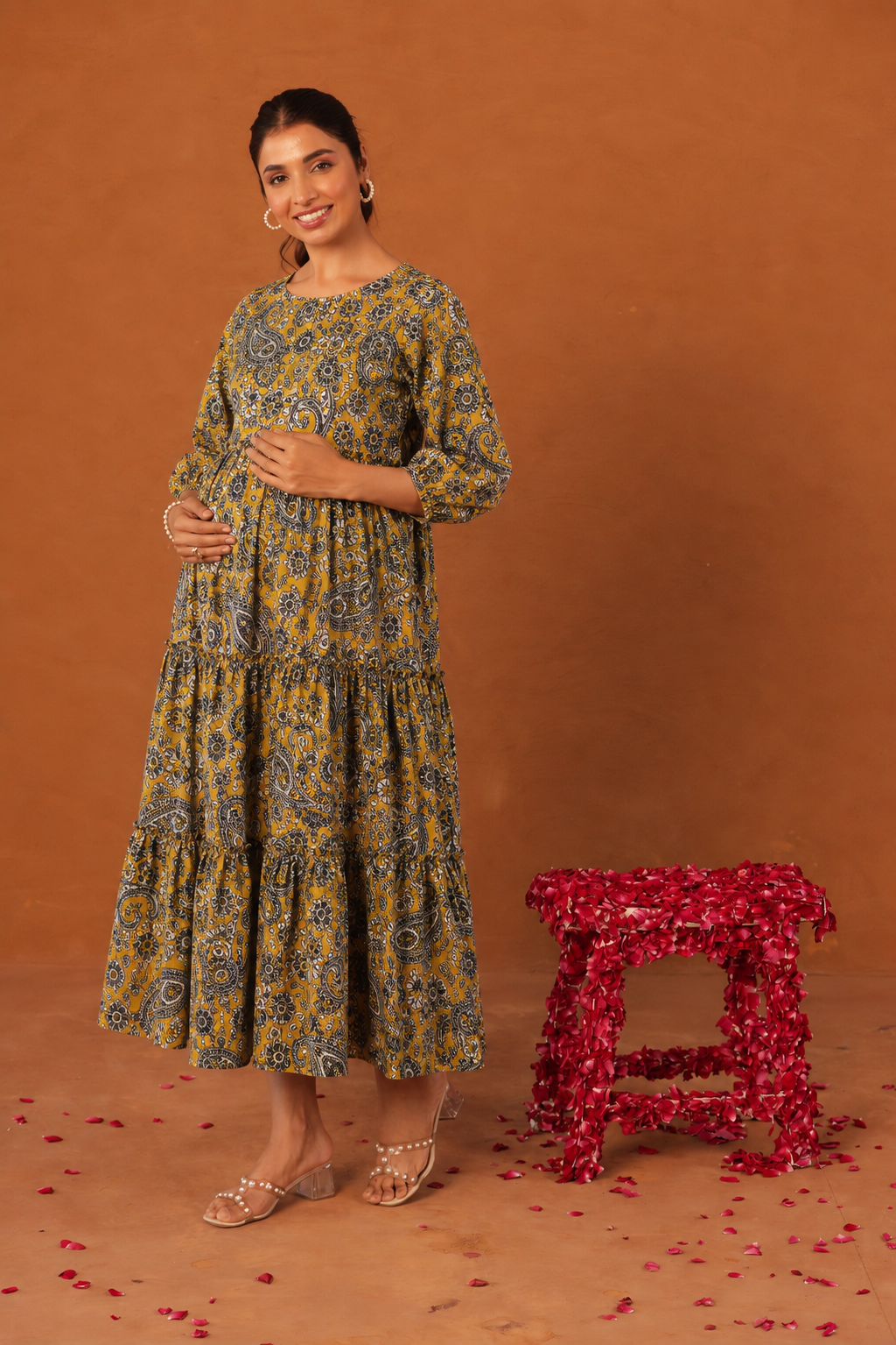 Mustard Baroque Bloom Maternity & Nursing Tier Dress